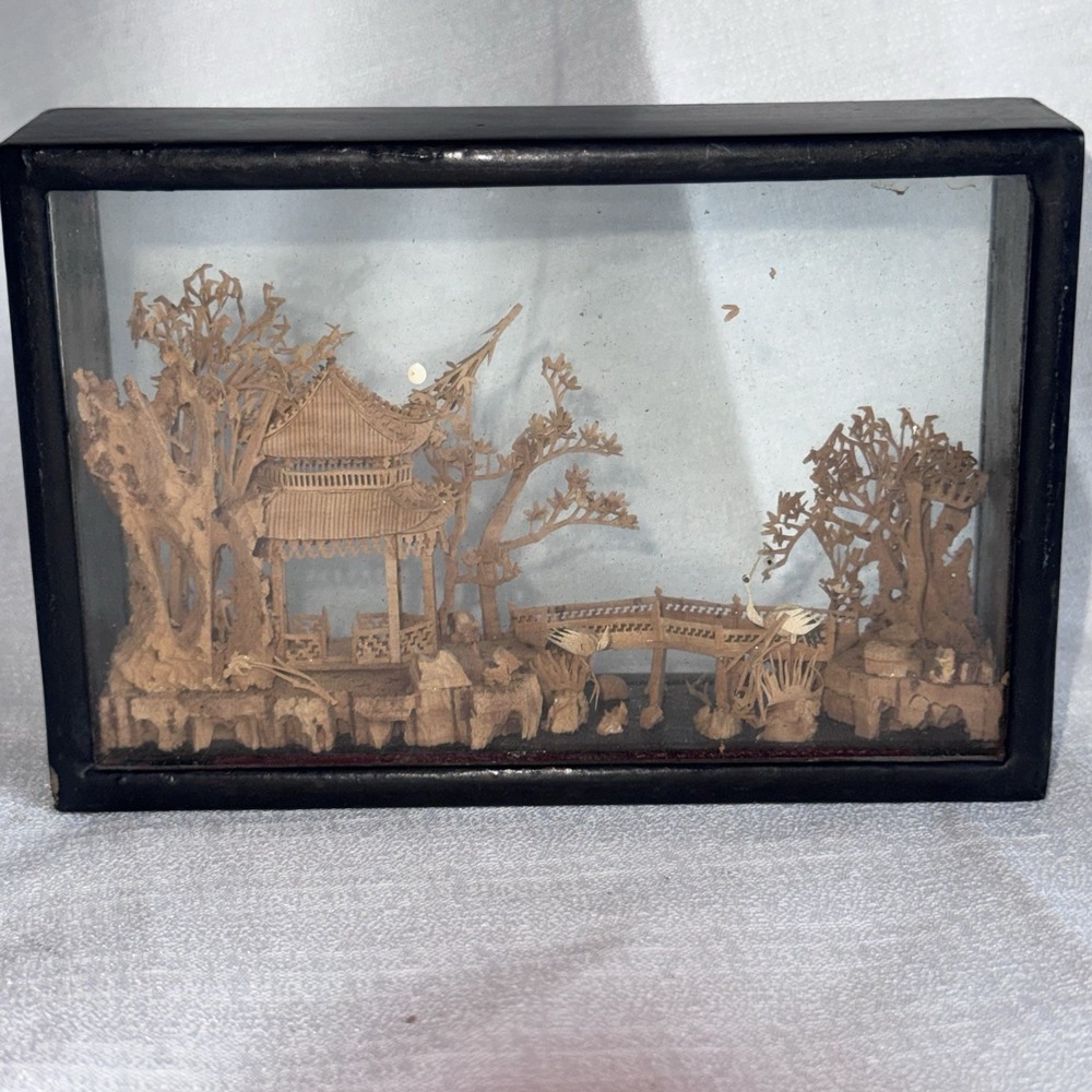 Vintage 3D Chinese Hand Carved Cork Glass Enclosed Diorama Art Sculpture Bridge